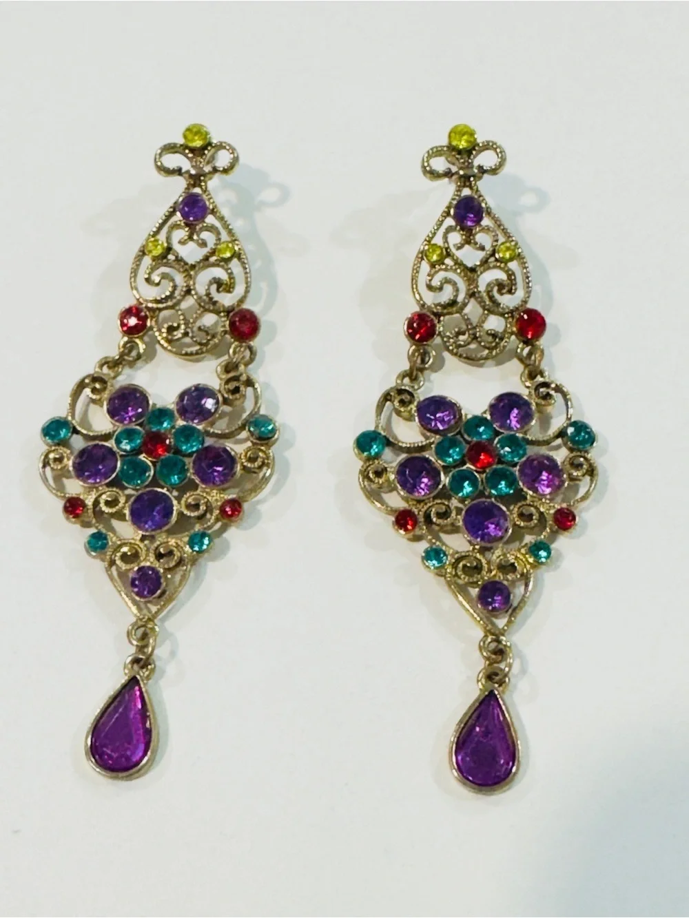Gold Tone Filigree Chandelier Earrings Purple Teal Rhinestones Boho Statement